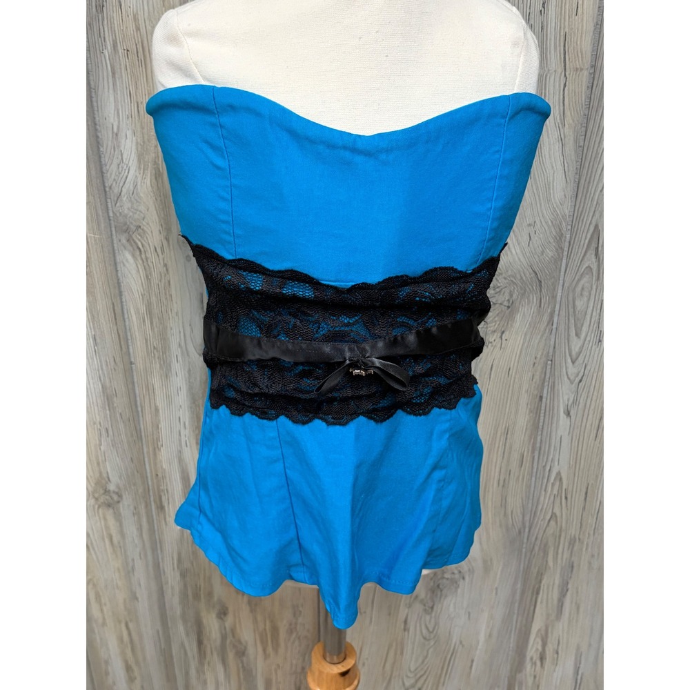 April USA Turquoise Strapless Lace Waist Corset Top Blue Black Small